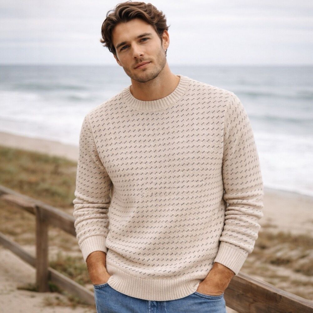 J.Crew‎ Heritage Cotton Sweater Mens M Birdseye Stitch Cream Pullover Crewneck